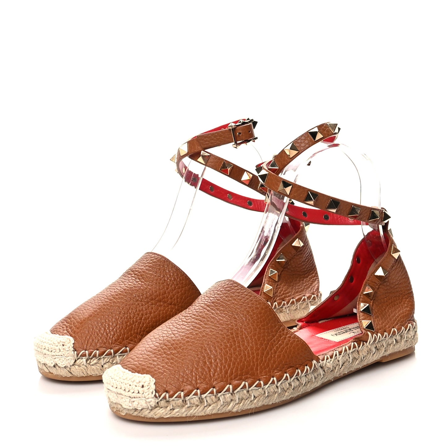 Grained Calfskin Rockstud Ankle Wrap Espadrille Flats 36 Cognac