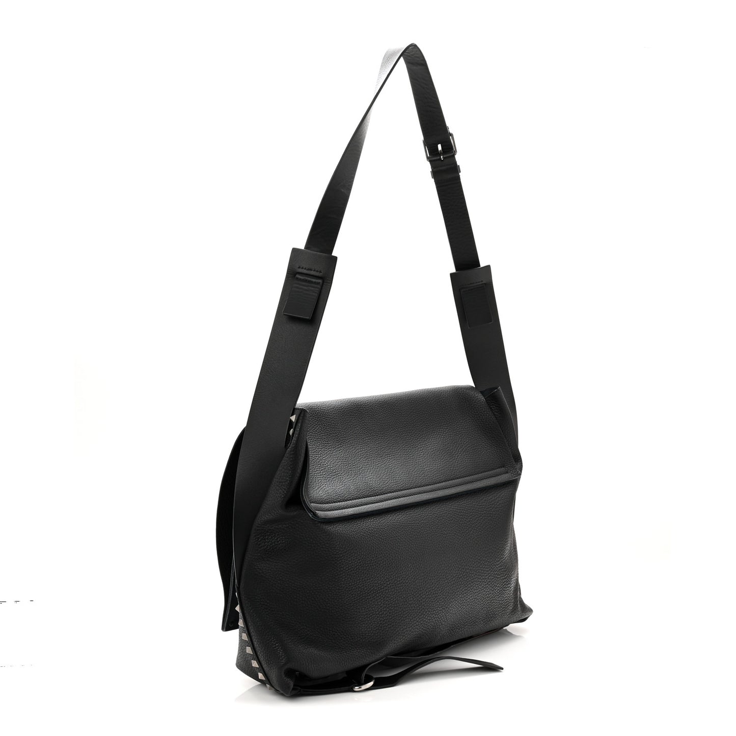 Pebbled Calfskin Rockstud Messenger Black