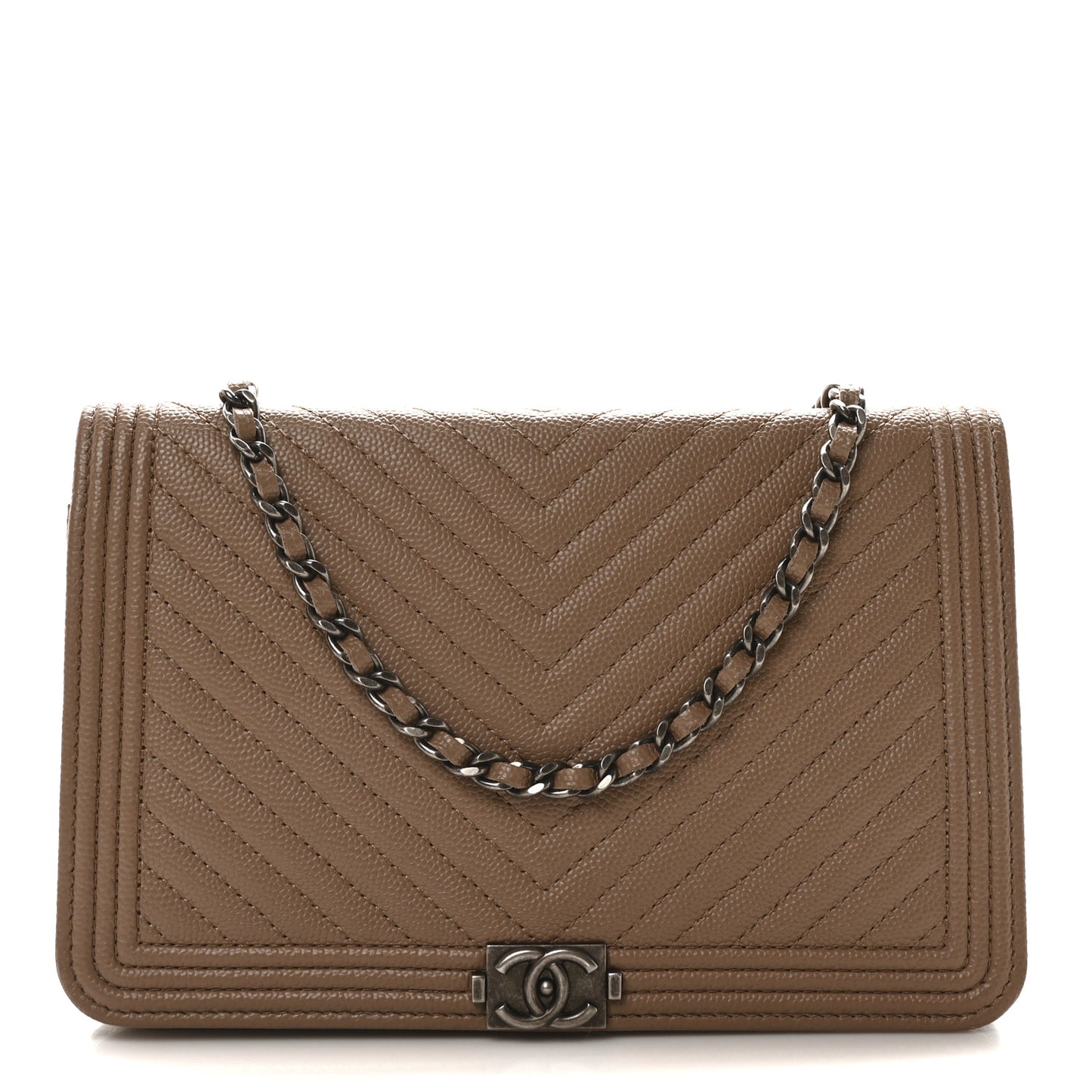 Caviar Chevron Quilted Boy Wallet On Chain WOC Dark Beige
