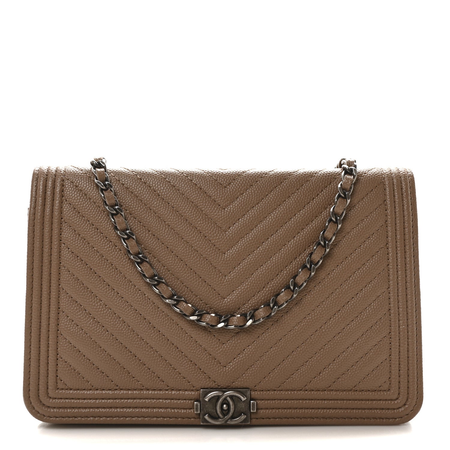 Chanel Caviar Chevron Quilted Boy Wallet On Chain WOC Dark Beige 1 of 11
