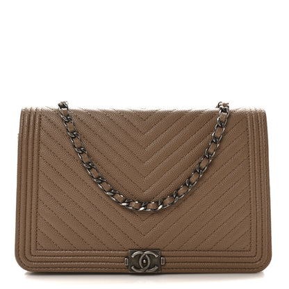Chanel Caviar Chevron Quilted Boy Wallet On Chain WOC Dark Beige 1 of 11