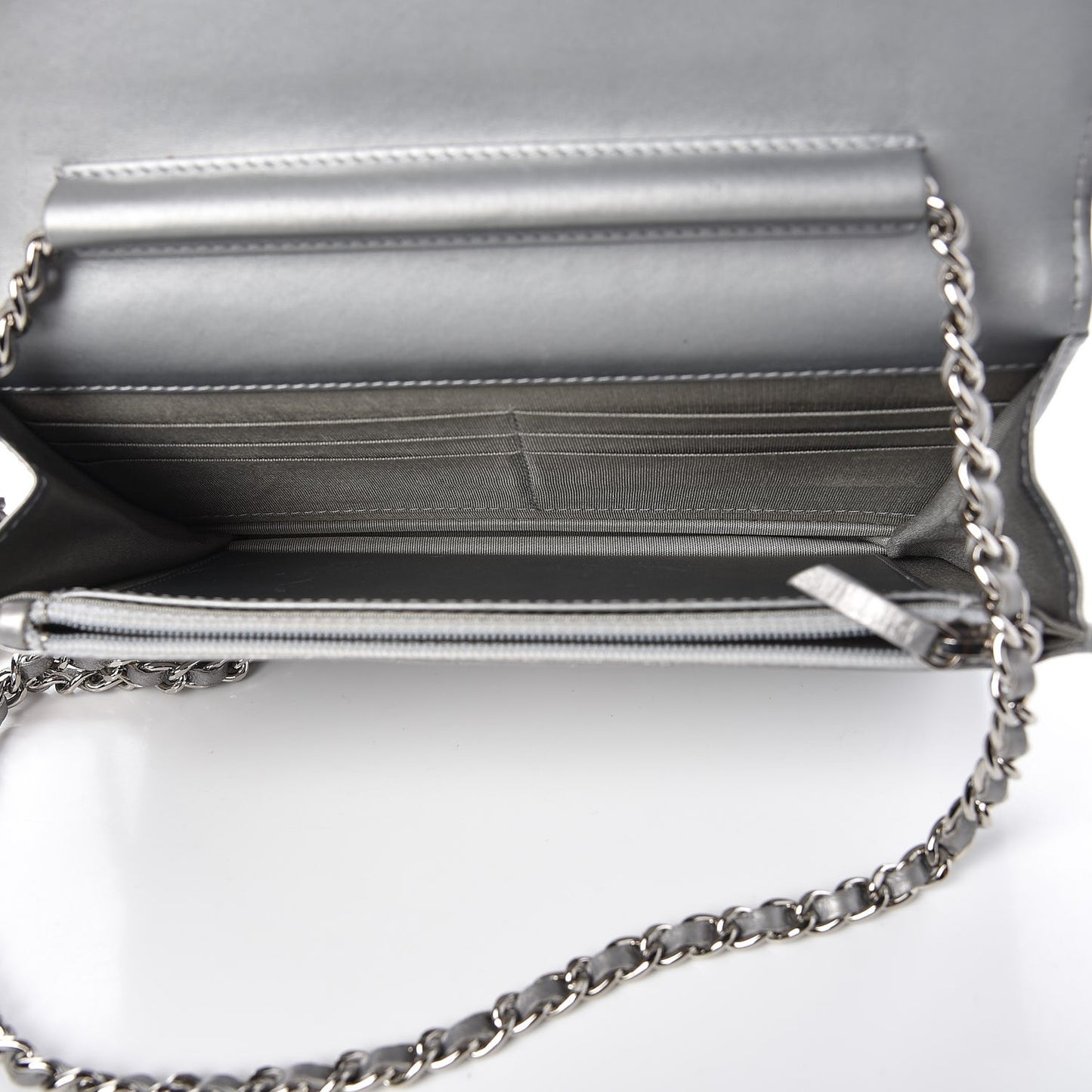 Metallic Distressed Calfskin Quilted Boy Wallet On Chain WOC Silver
