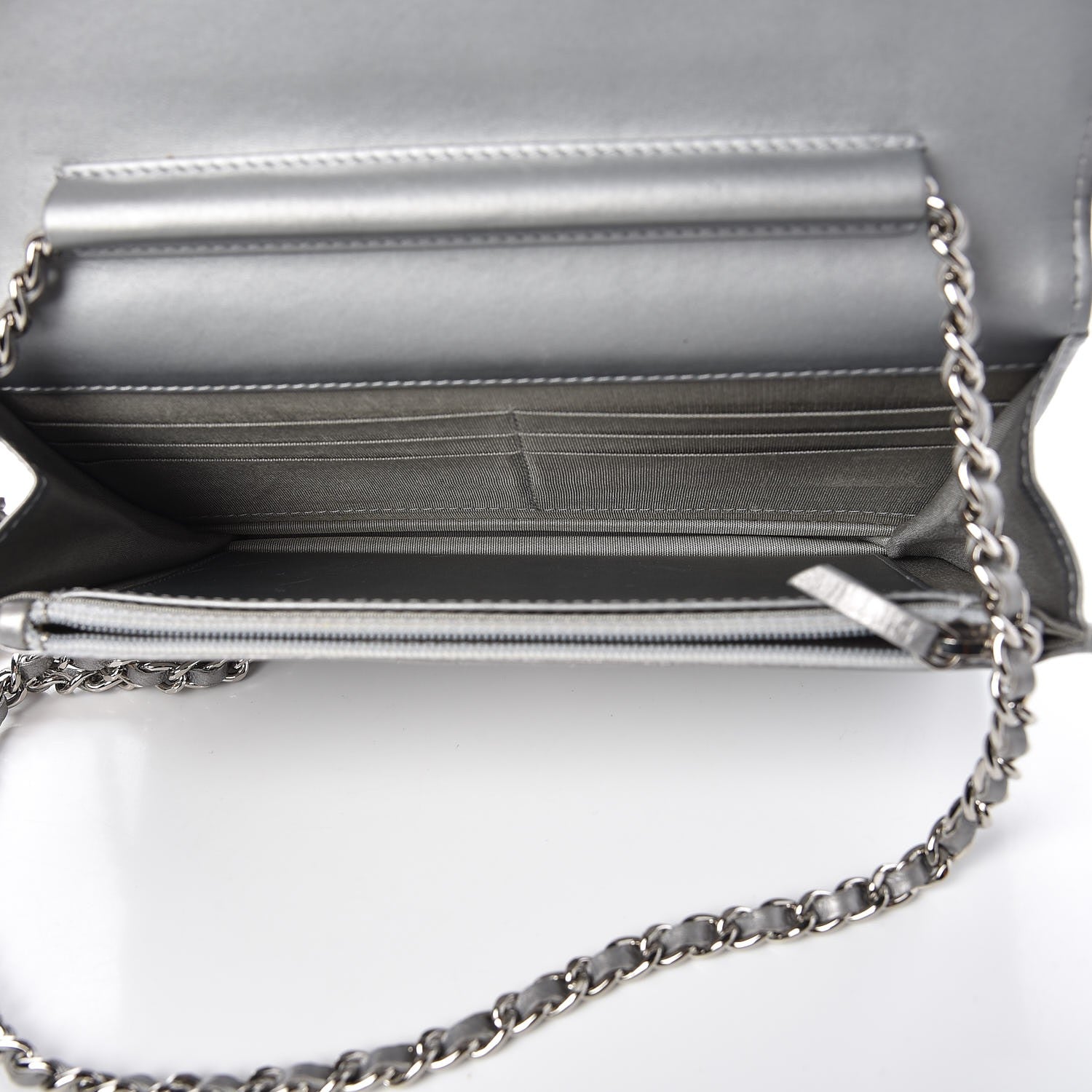 Chanel Metallic Distressed Calfskin Quilted Boy Wallet On Chain WOC Silver 5 of 9