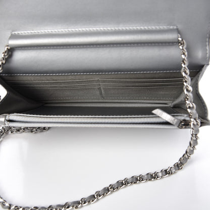 Chanel Metallic Distressed Calfskin Quilted Boy Wallet On Chain WOC Silver 5 of 9