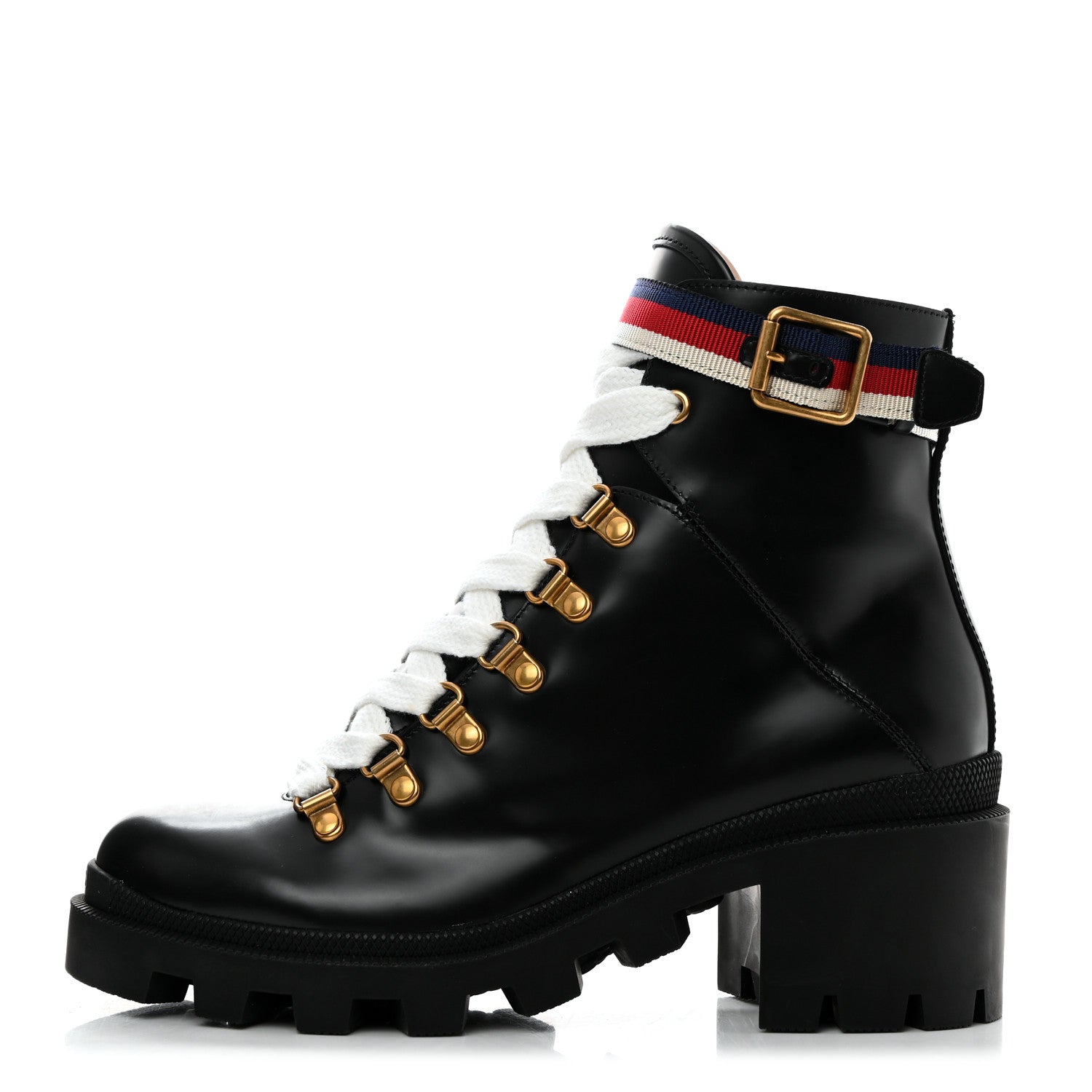 Gucci Calfskin Sylvie Web Womens Lace Up Combat Boots 37 Black 1 of 9