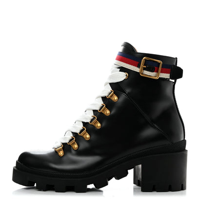 Gucci Calfskin Sylvie Web Womens Lace Up Combat Boots 37 Black 1 of 9