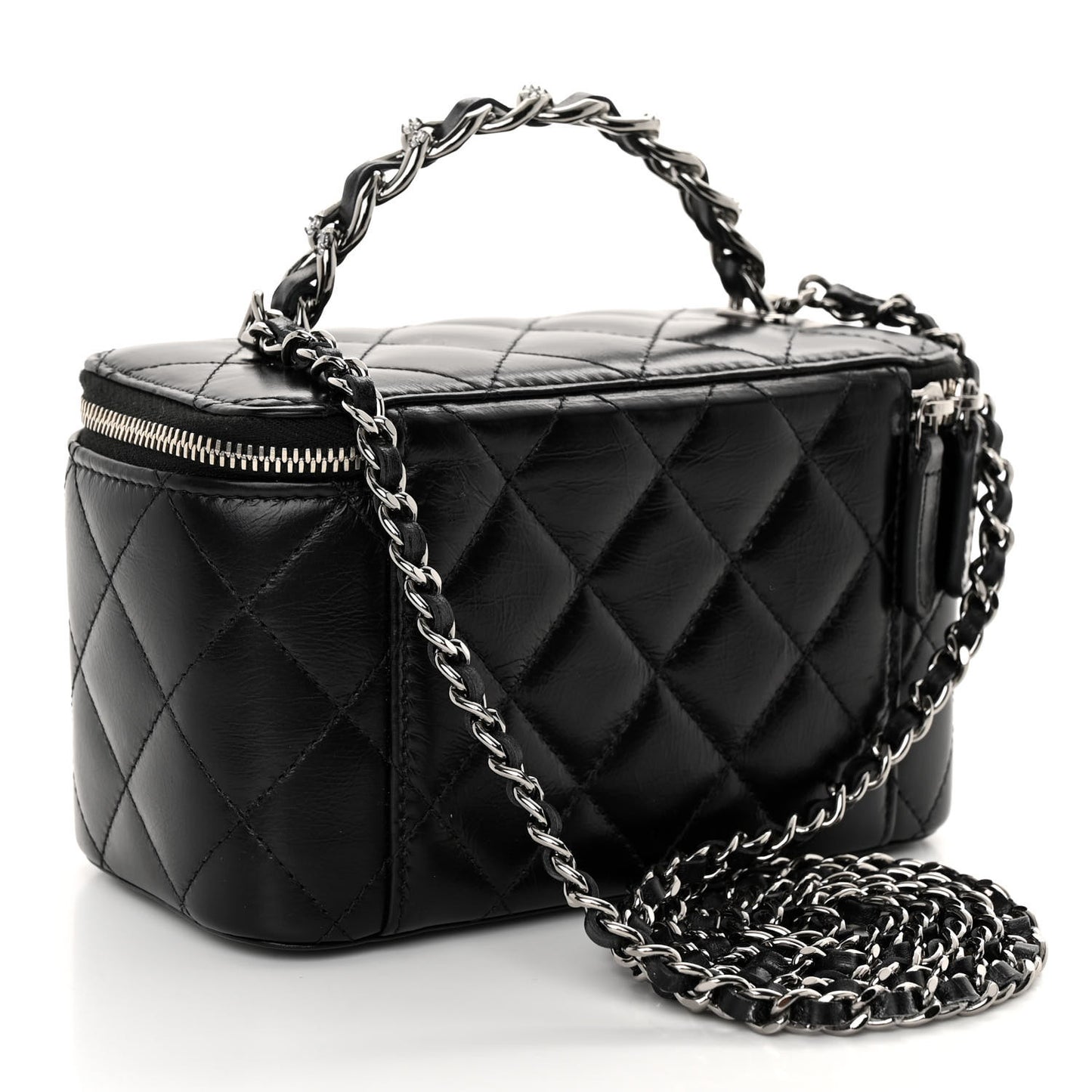 Shiny Crumpled Calfskin Crystal Quilted Precious Handle Vanity Case With Chain Black