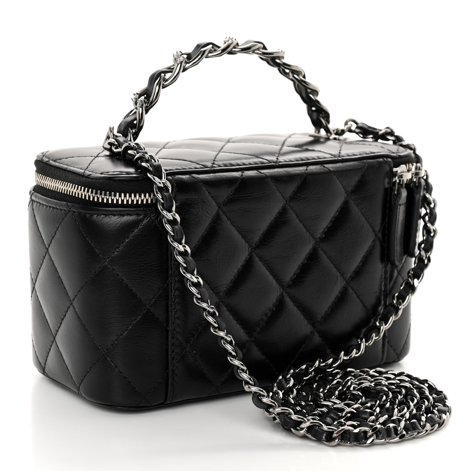 Chanel Shiny Crumpled Calfskin Crystal Quilted Precious Handle Vanity Case With Chain Black 3 of 11