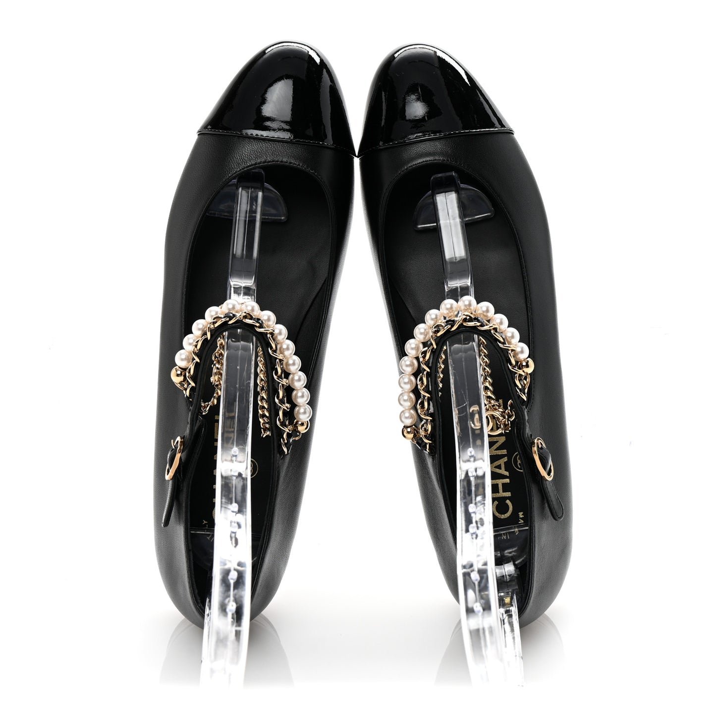 Shiny Lambskin Pearl Cap Toe Ankle Chain Ballerina Flats 41 Black