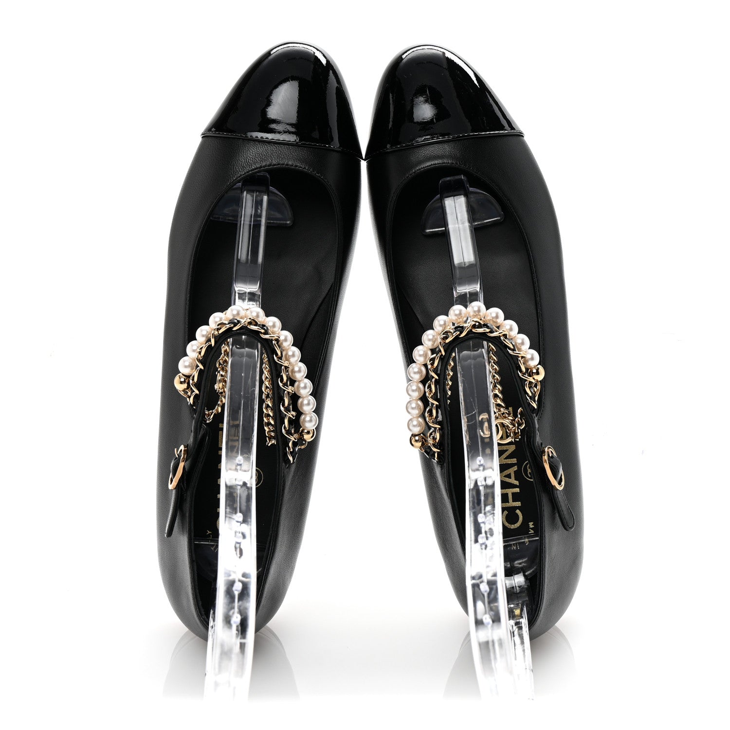 Chanel Shiny Lambskin Pearl Cap Toe Ankle Chain Ballerina Flats 41 Black 2 of 10