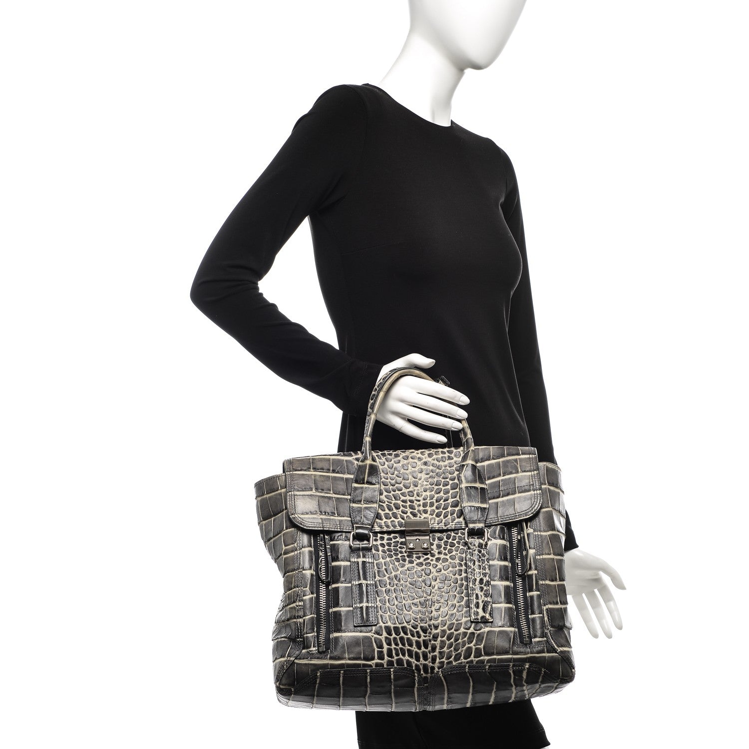 3.1 Phillip Lim 3.1 Calfskin Crocodile Embossed Large Pashli Satchel Antique Grey 2 of 7