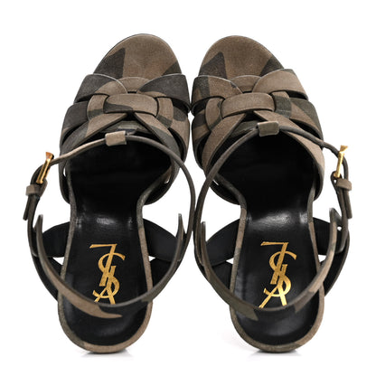 Saint Laurent Suede Camouflage Print Tribute 105 Platform Sandals 37 Green 2 of 10