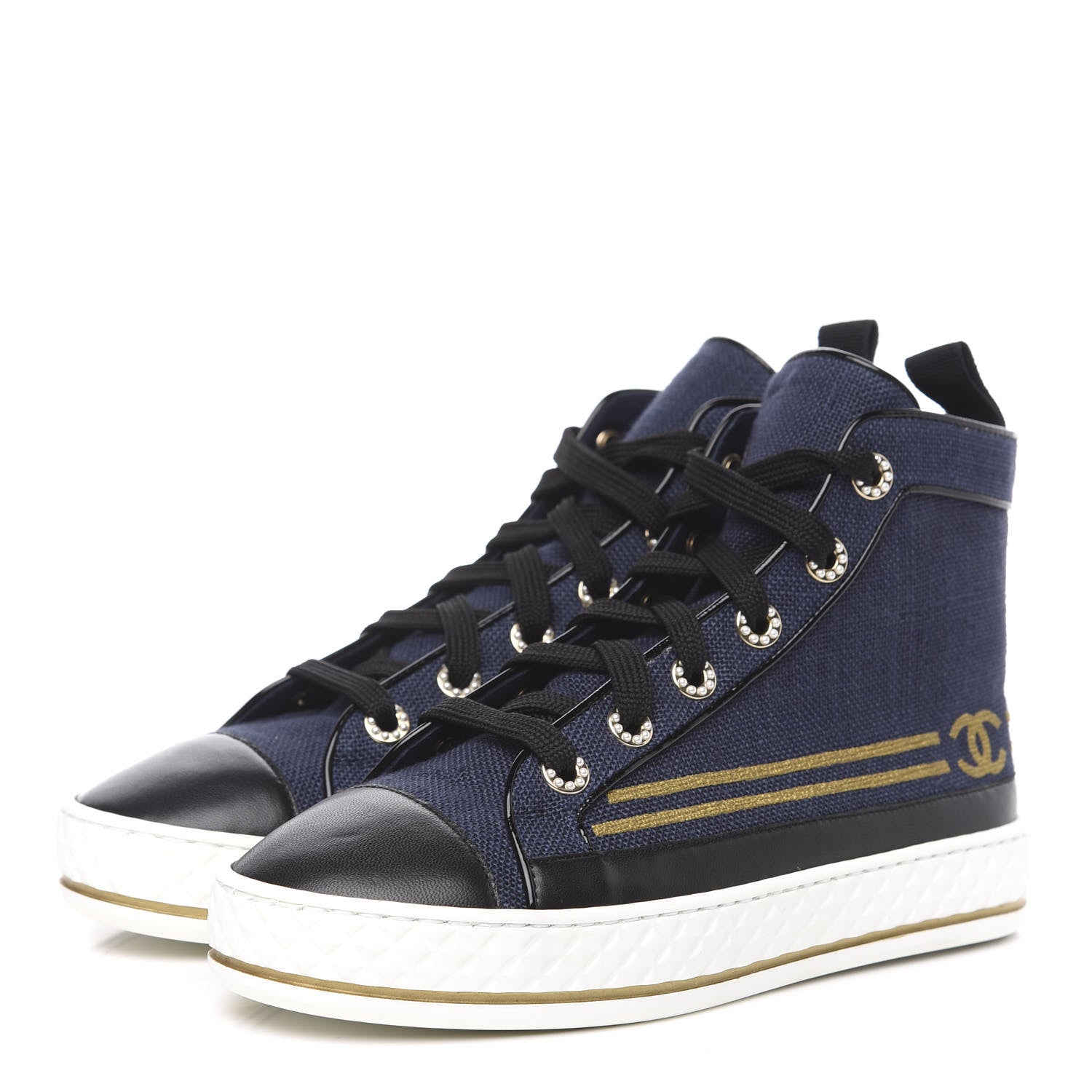 Chanel Fabric Lambskin Lace Up Cap Toe Sneakers 35 Navy Black 3 of 9