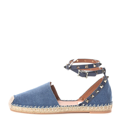 Valentino Garavani Denim Rockstud Ankle Wrap Espadrille 20mm Flats 38 Light Denim 1 of 8