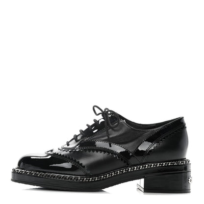 Chanel Lambskin Patent Calfskin CC Brogue Lace Up Oxfords 38 Black 1 of 12