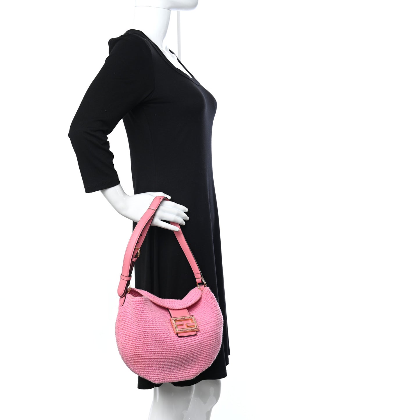 Fabric Crochet Vitello Grace Small Croissant Hobo Pink