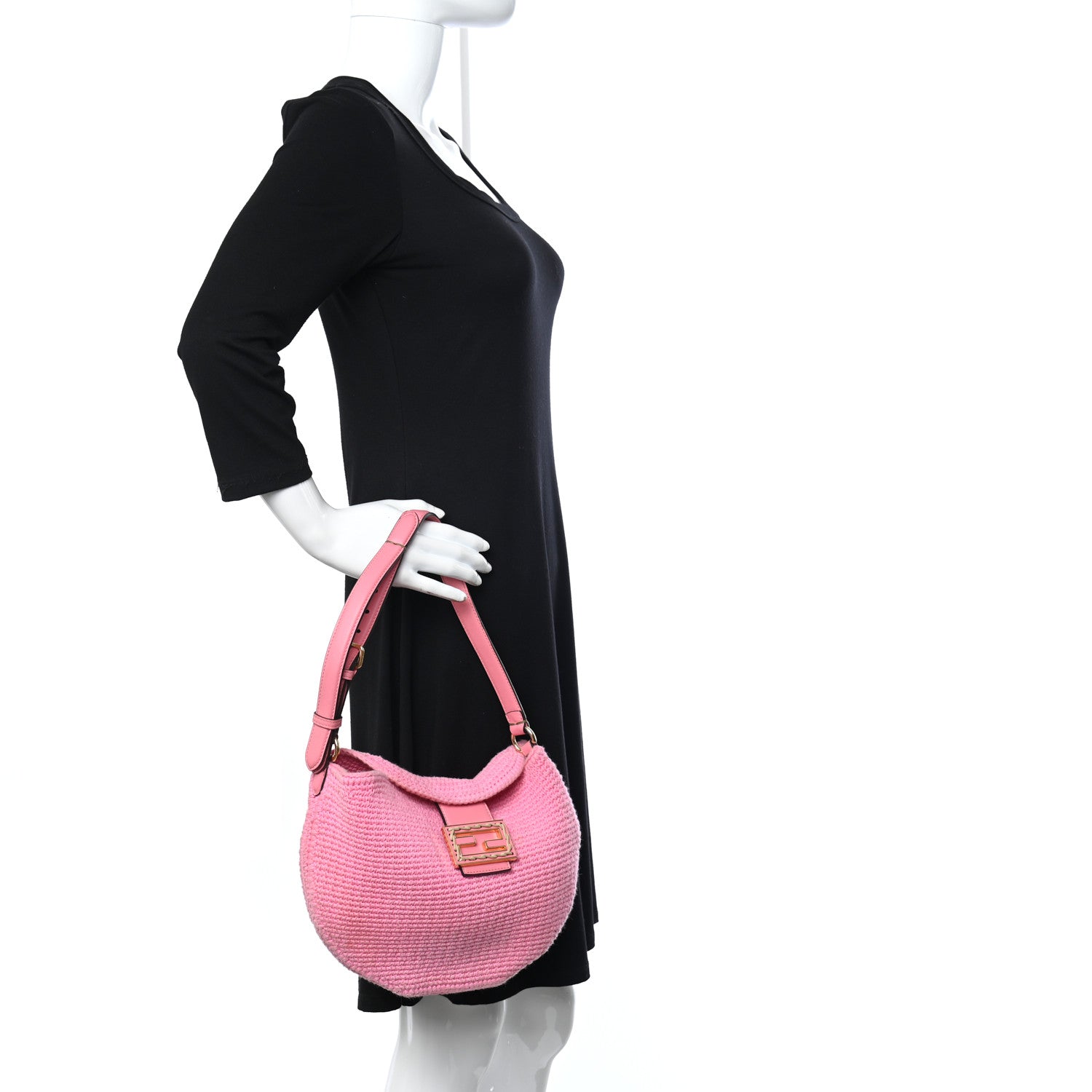Fendi Fabric Crochet Vitello Grace Small Croissant Hobo Pink 2 of 13