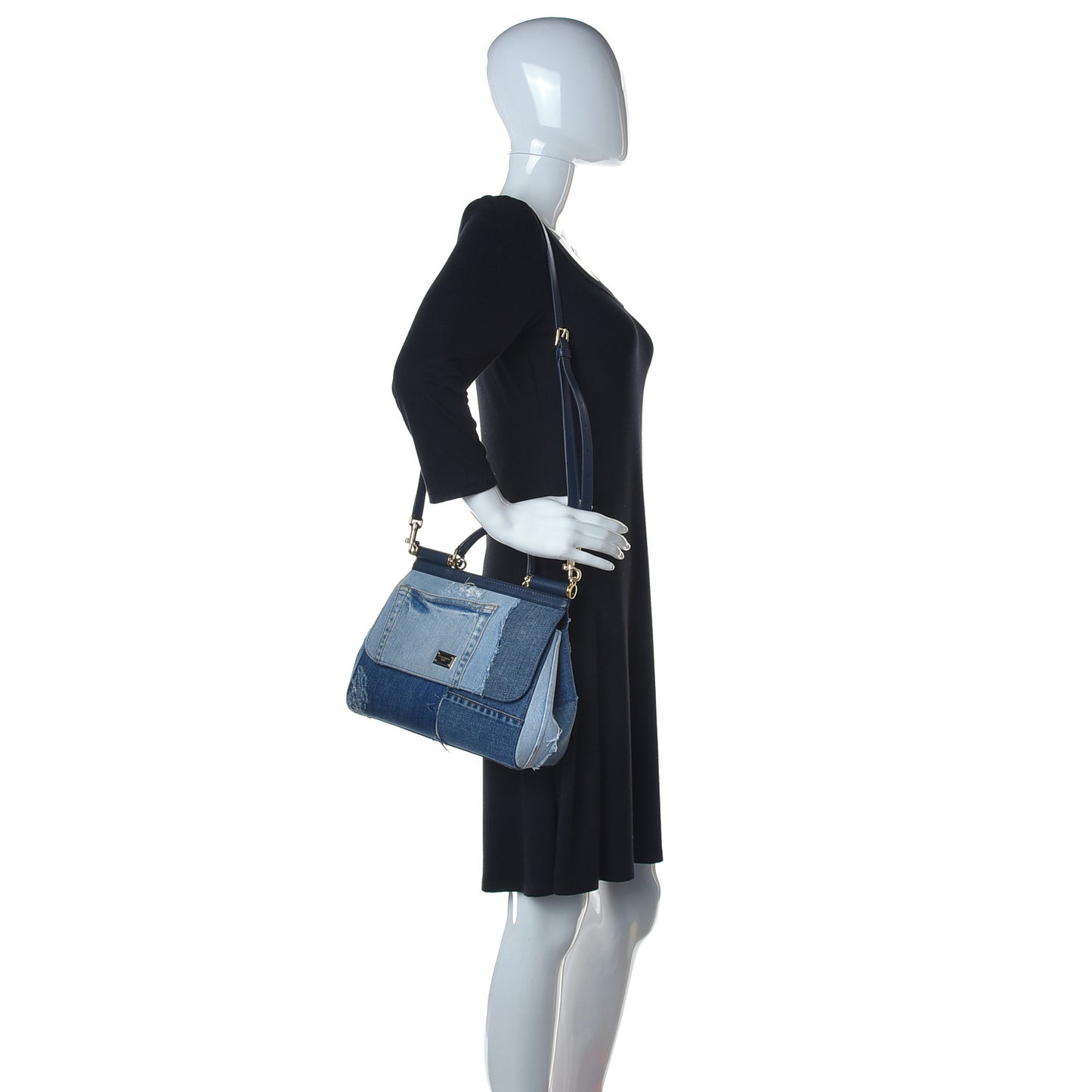 Calfskin Denim Patchwork Medium Miss Sicily Satchel Blue