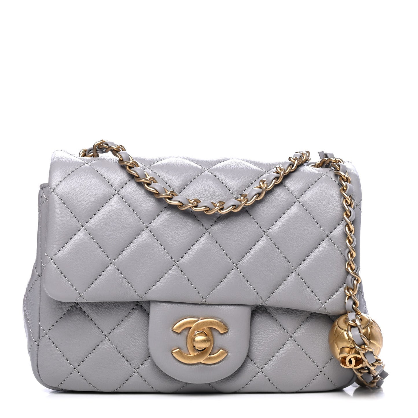 Lambskin Quilted Mini Pearl Crush Flap Light Grey