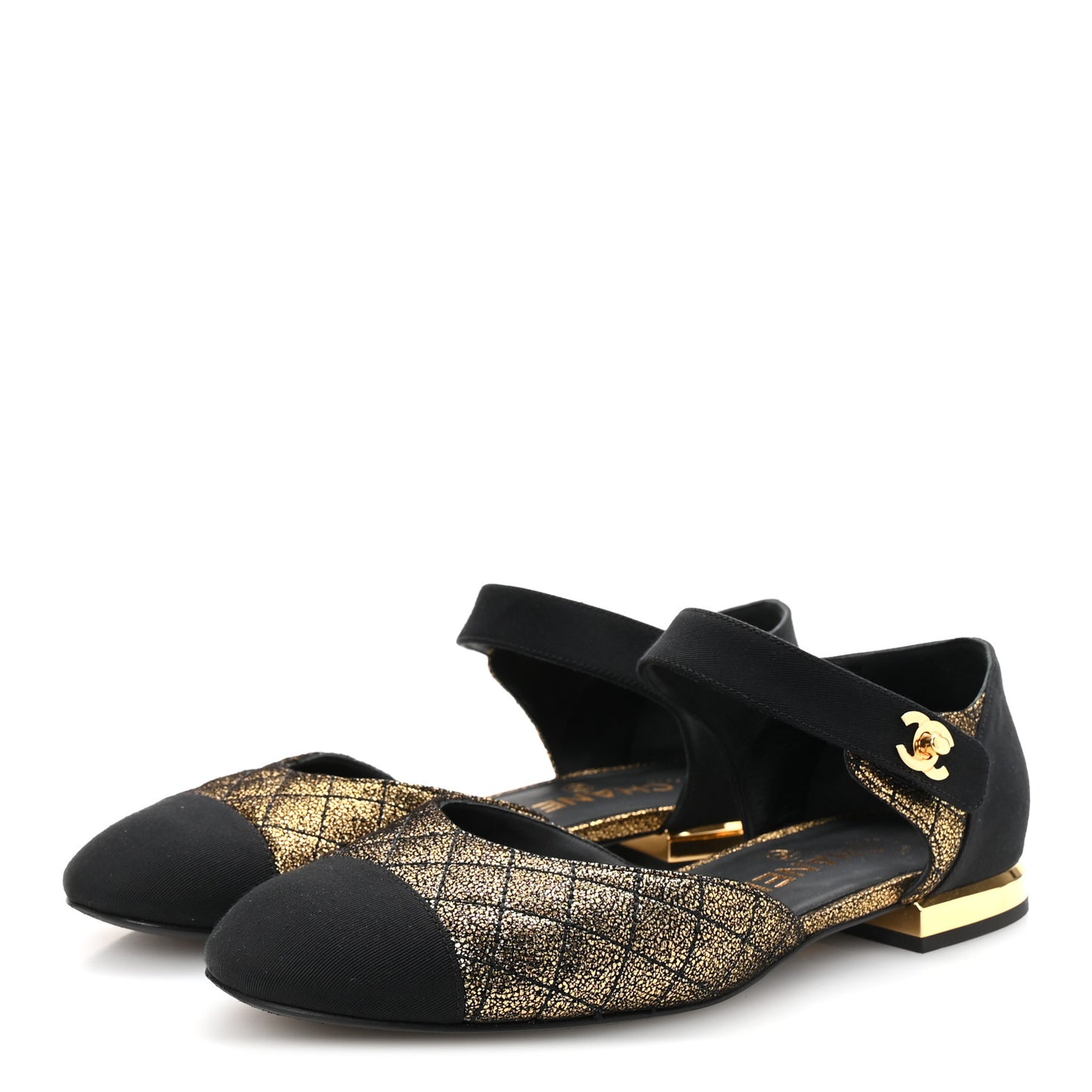 Laminated Suede Kidskin Grosgrain Quilted Cap Toe Ballerina Flats 37.5 Gold Black