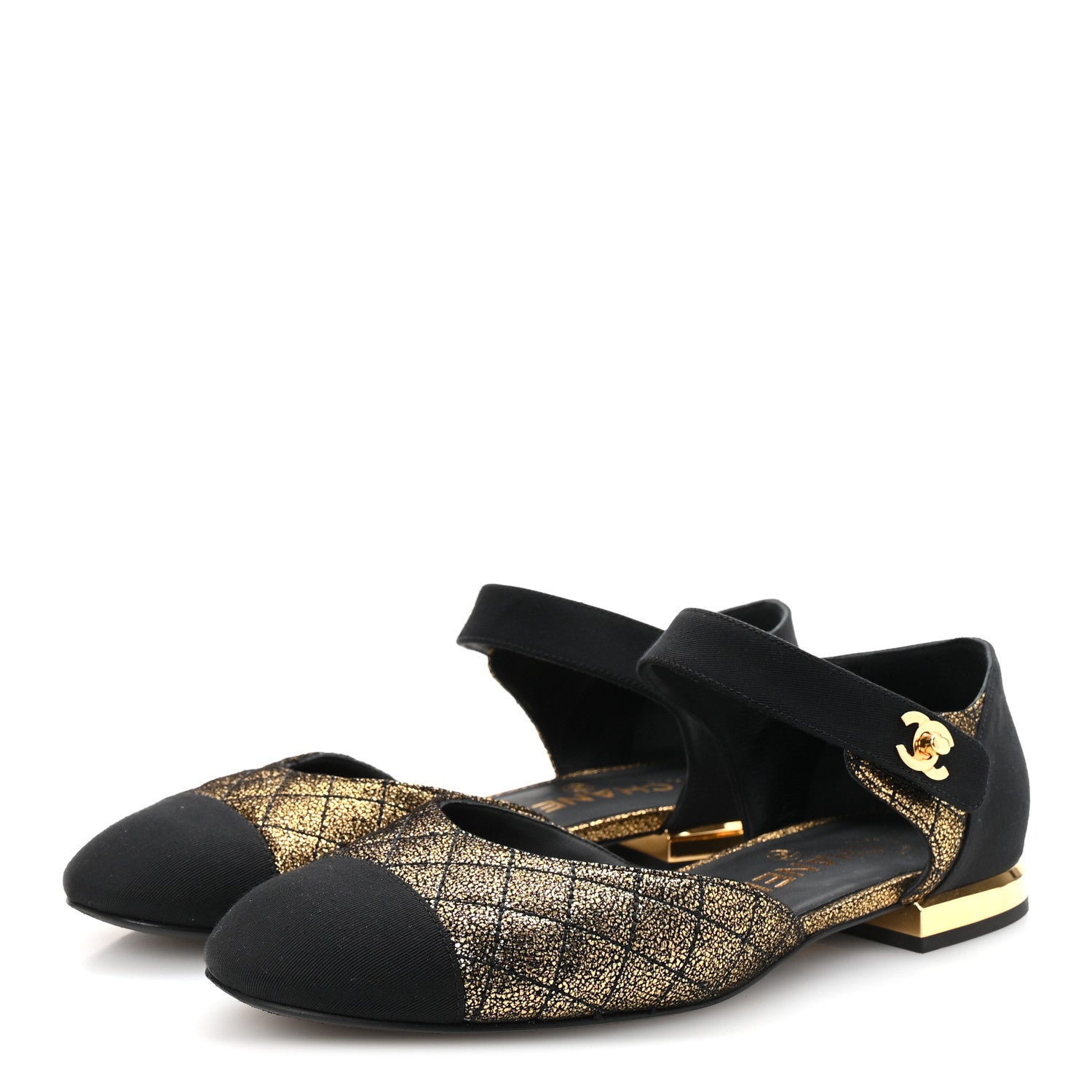 Chanel Laminated Suede Kidskin Grosgrain Quilted Cap Toe Ballerina Flats 37.5 Gold Black 4 of 10