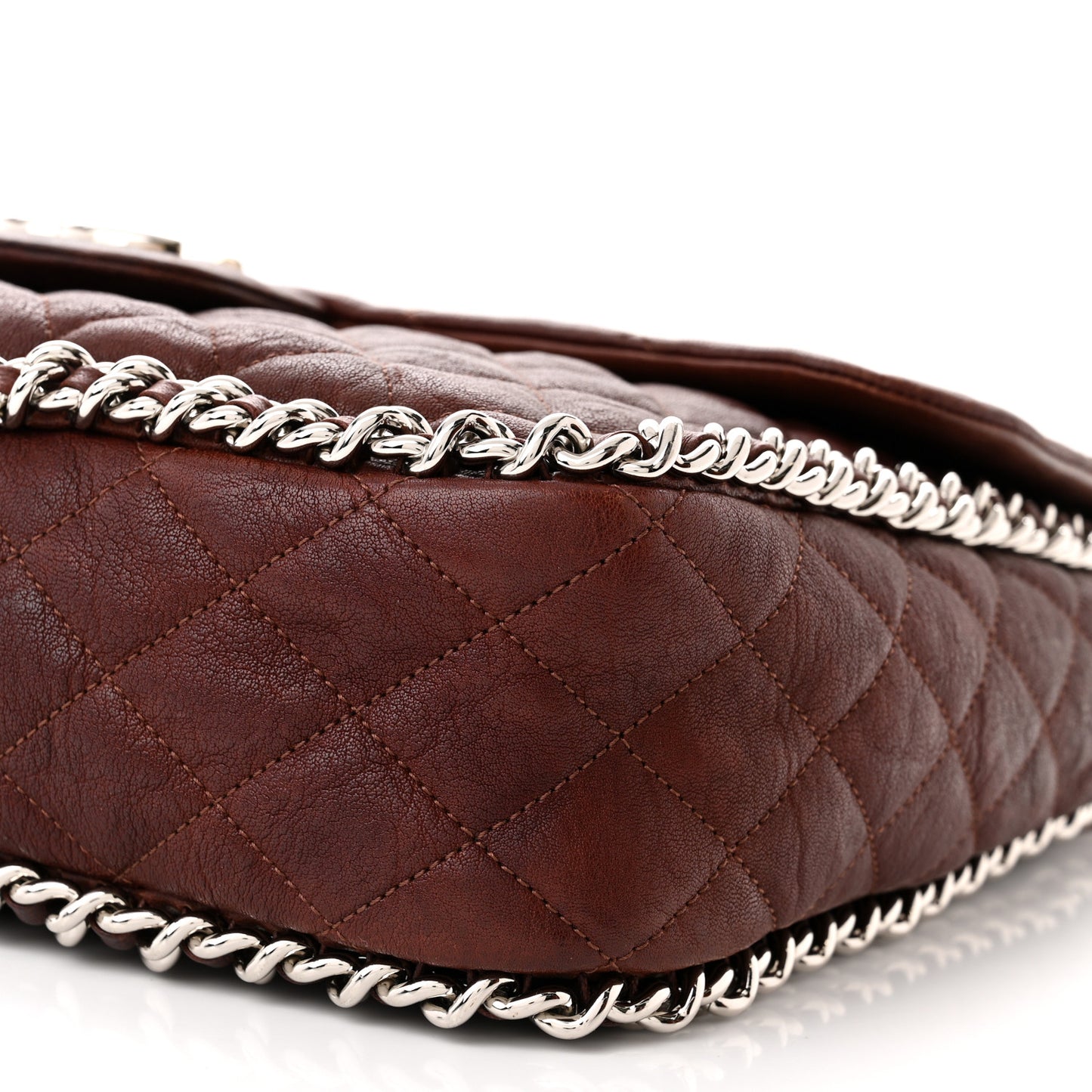 Washed Lambskin Quilted Chain Around Maxi Flap Dark Brown