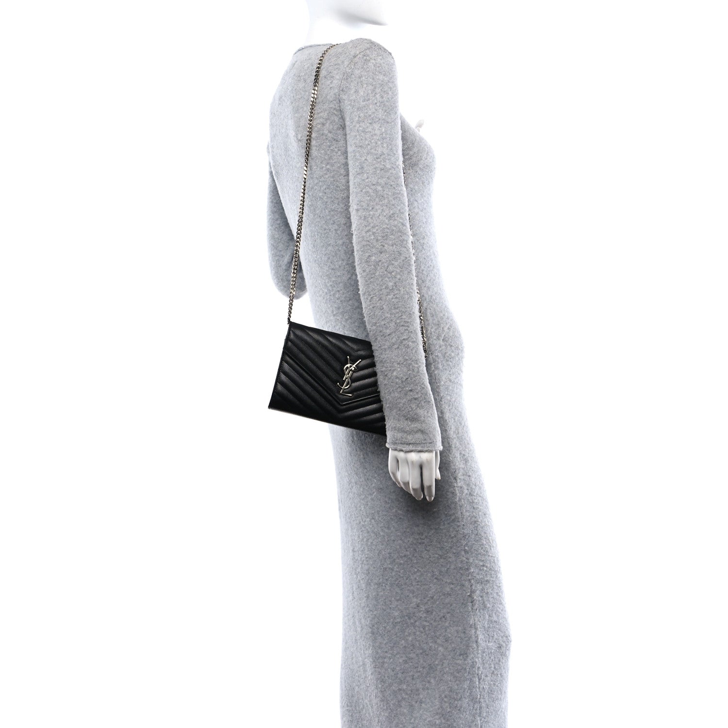Saint Laurent Grain De Poudre Matelasse Chevron Monogram Chain Wallet Black 2 of 10