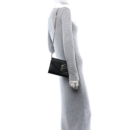 Saint Laurent Grain De Poudre Matelasse Chevron Monogram Chain Wallet Black 2 of 10