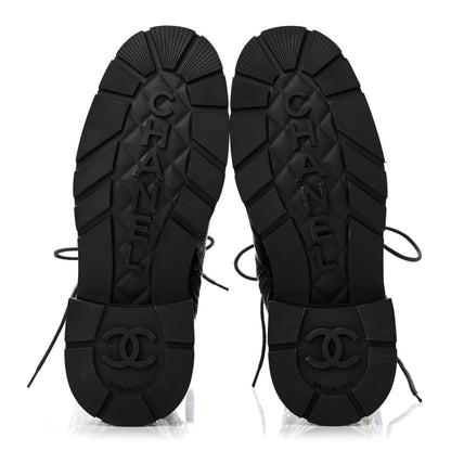 Chanel Shiny Calfskin Patent Quilted Chain Lace Up Combat Long Boots 37 Black 5 of 11