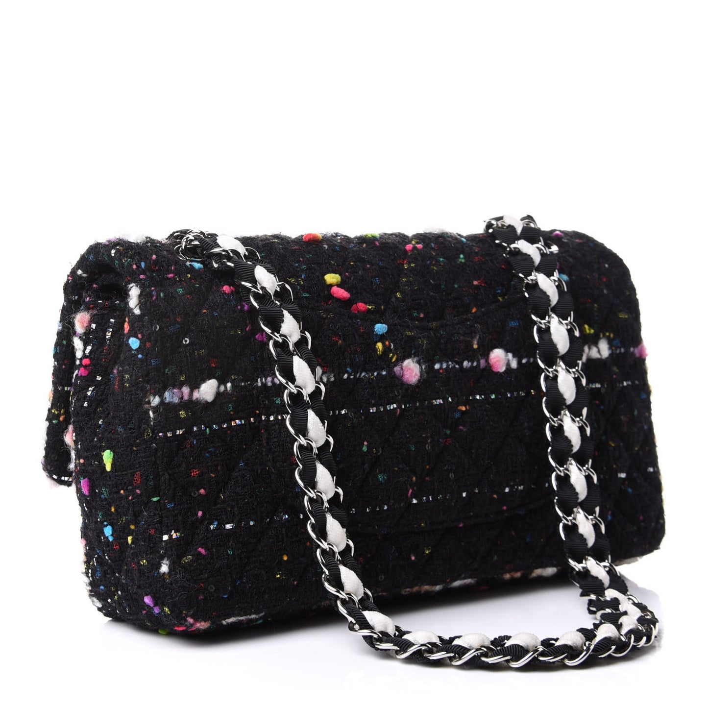 Tweed Quilted Medium Double Flap Black White Yellow Pink