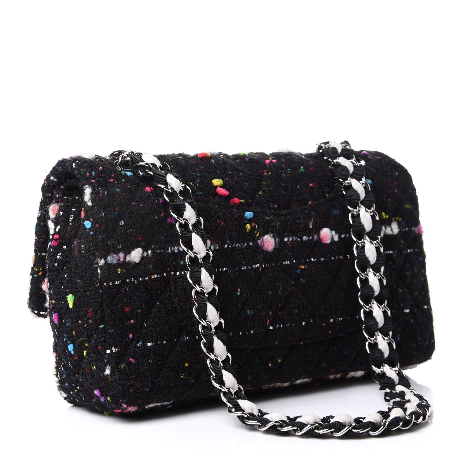Chanel Tweed Quilted Medium Double Flap Black White Yellow Pink 2 of 10