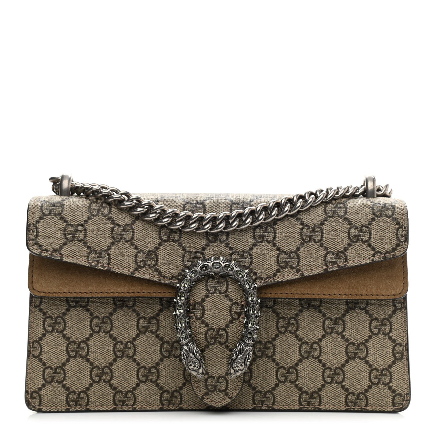 Gucci GG Supreme Monogram Suede Crystal Small Dionysus Shoulder Bag Beige Ebony Taupe 1 of 9