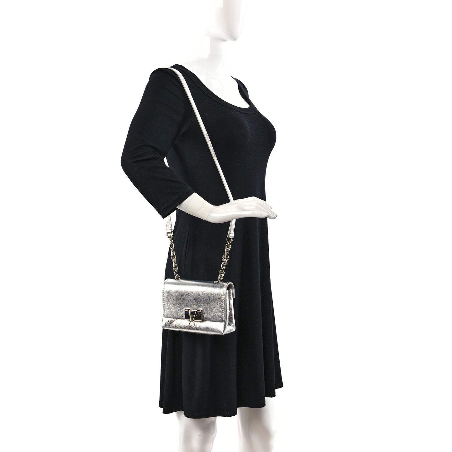 Calfskin Metallic Small Binder Clip Crossbody Silver