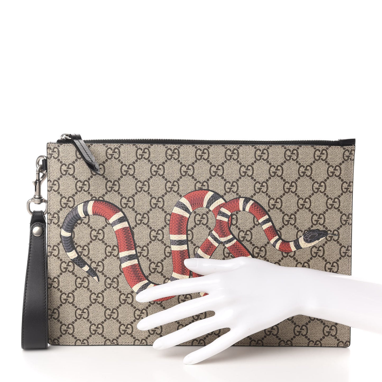 GG Supreme Monogram Kingsnake Zip Wristlet Pouch Beige Black