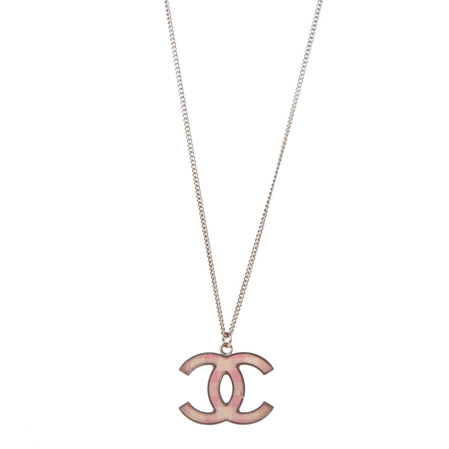 Chanel Fabric Plaid CC Necklace Pink 1 of 6