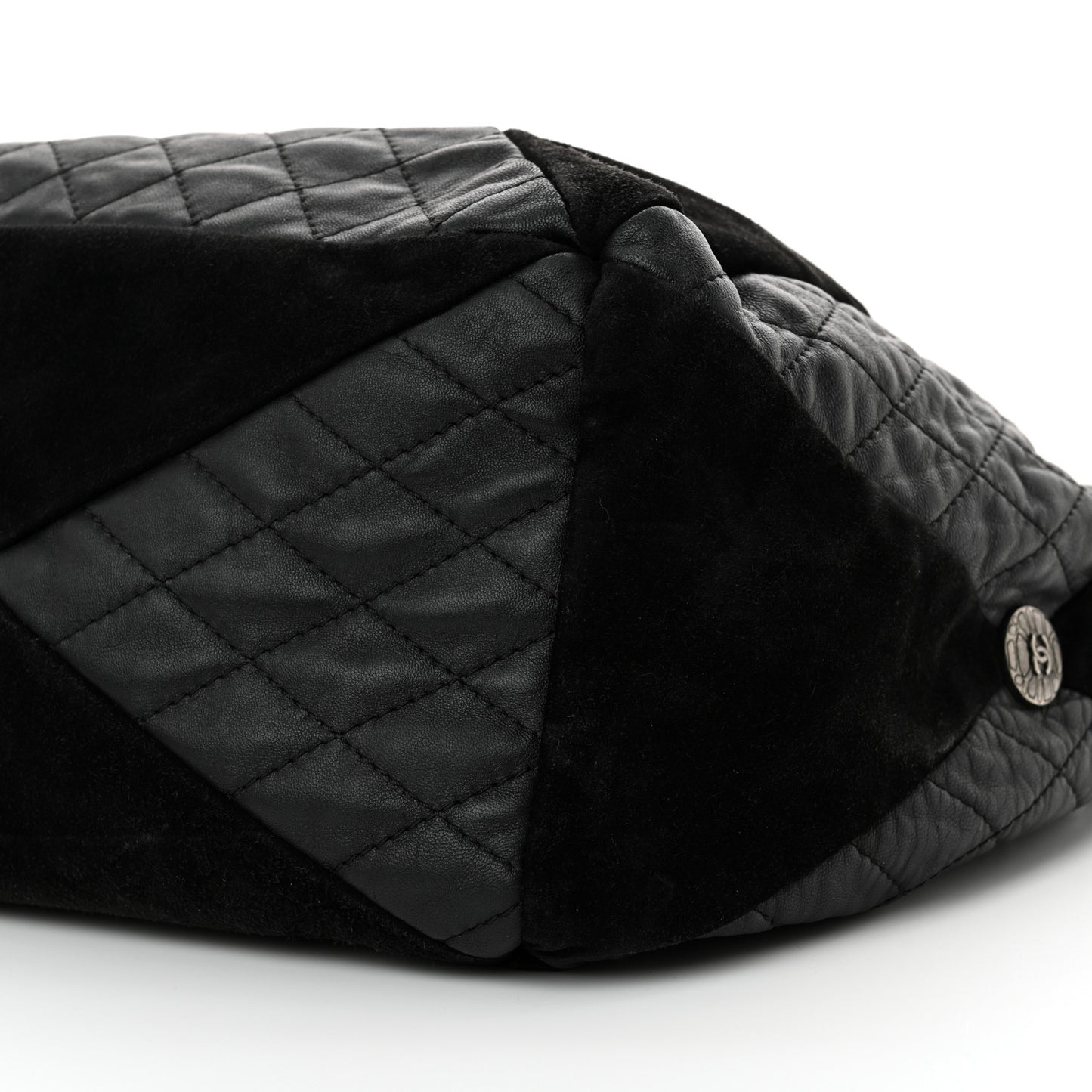 Goatskin Suede Calfskin Quilted Patchwork Drawstring Bag Black