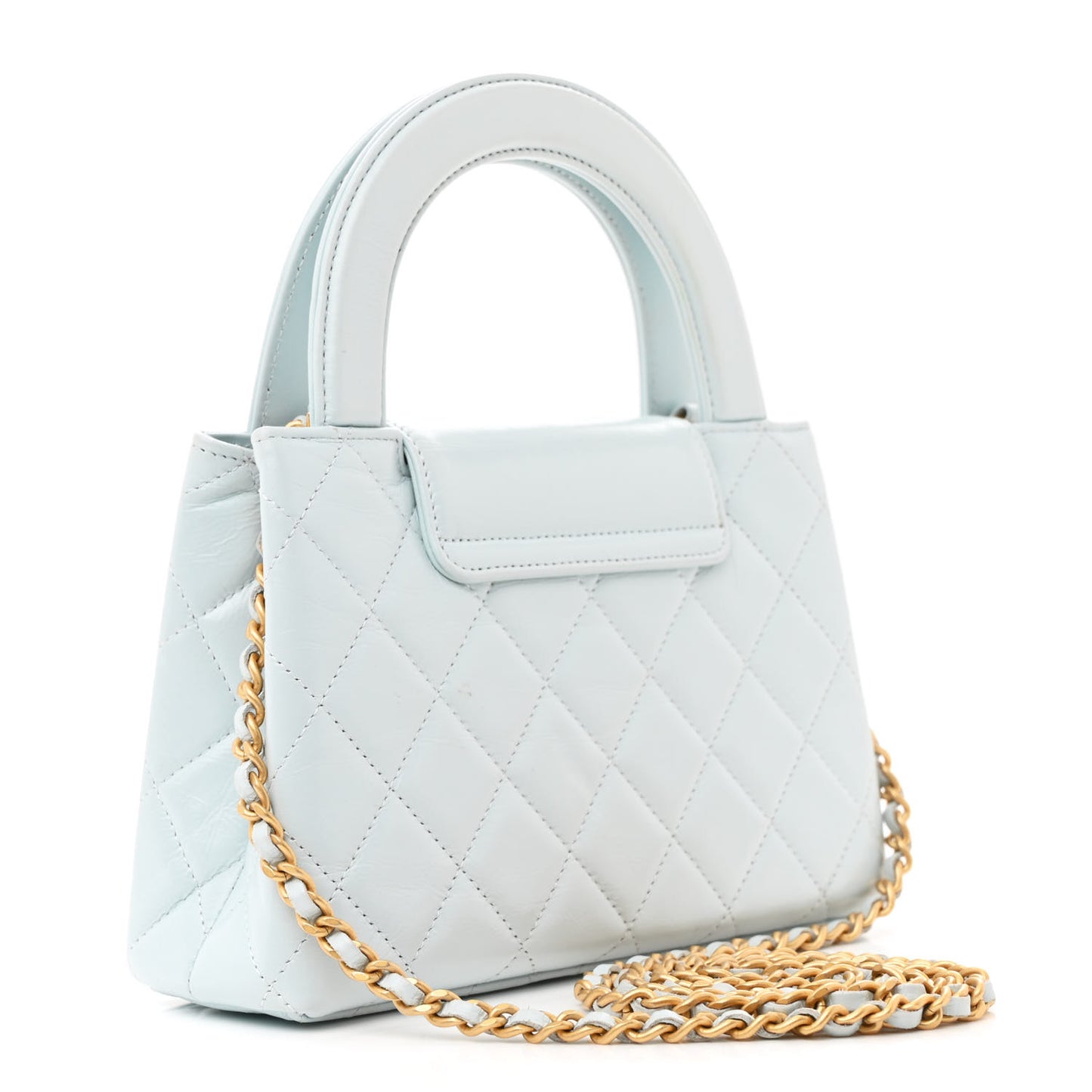 Shiny Aged Calfskin Quilted Nano Kelly Shopper Light Blue