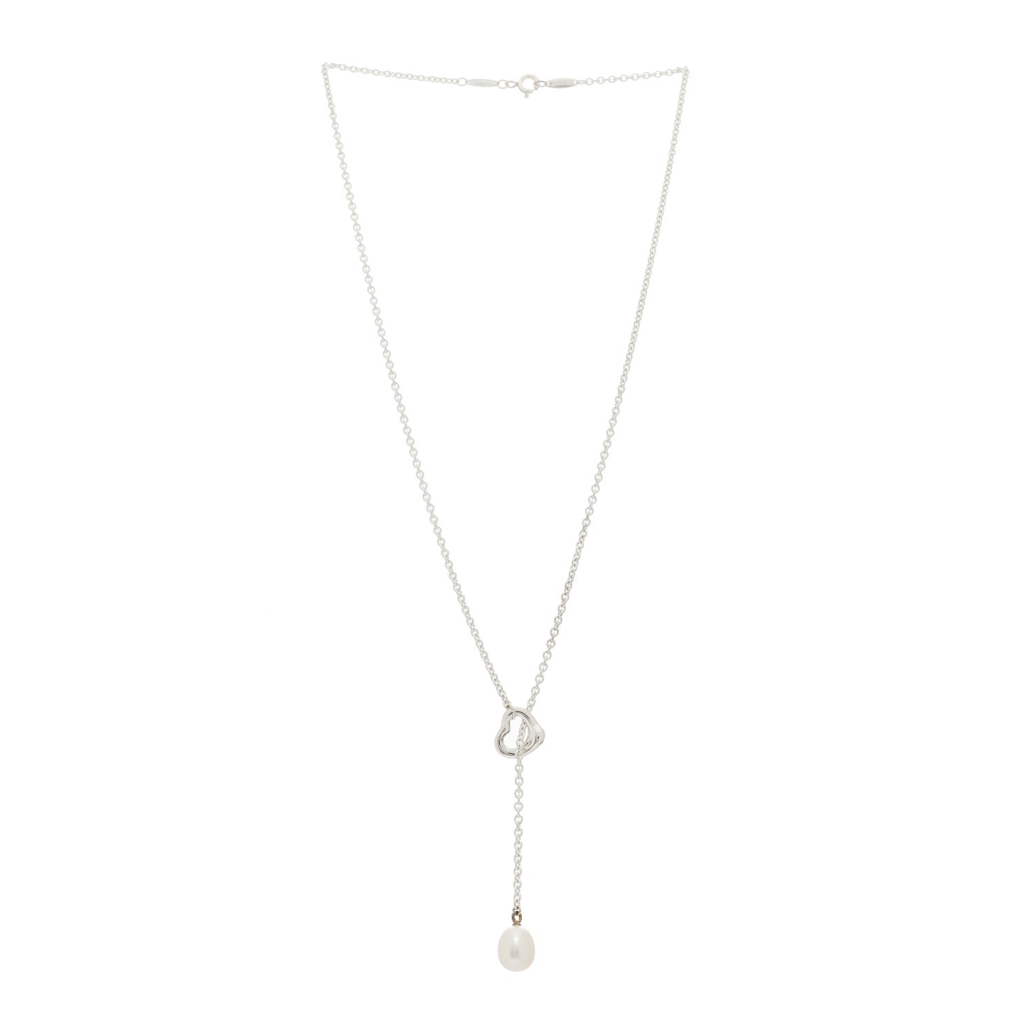 Tiffany Sterling Silver Cultured Pearl 7.5-8mm Elsa Peretti Open Heart Lariat Necklace 3 of 5