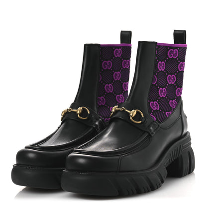 Gucci Quebec Calfskin Technical Jersey Knit GG Monogram Horsebit Ankle Boots 42 Black Fucsia 4 of 14