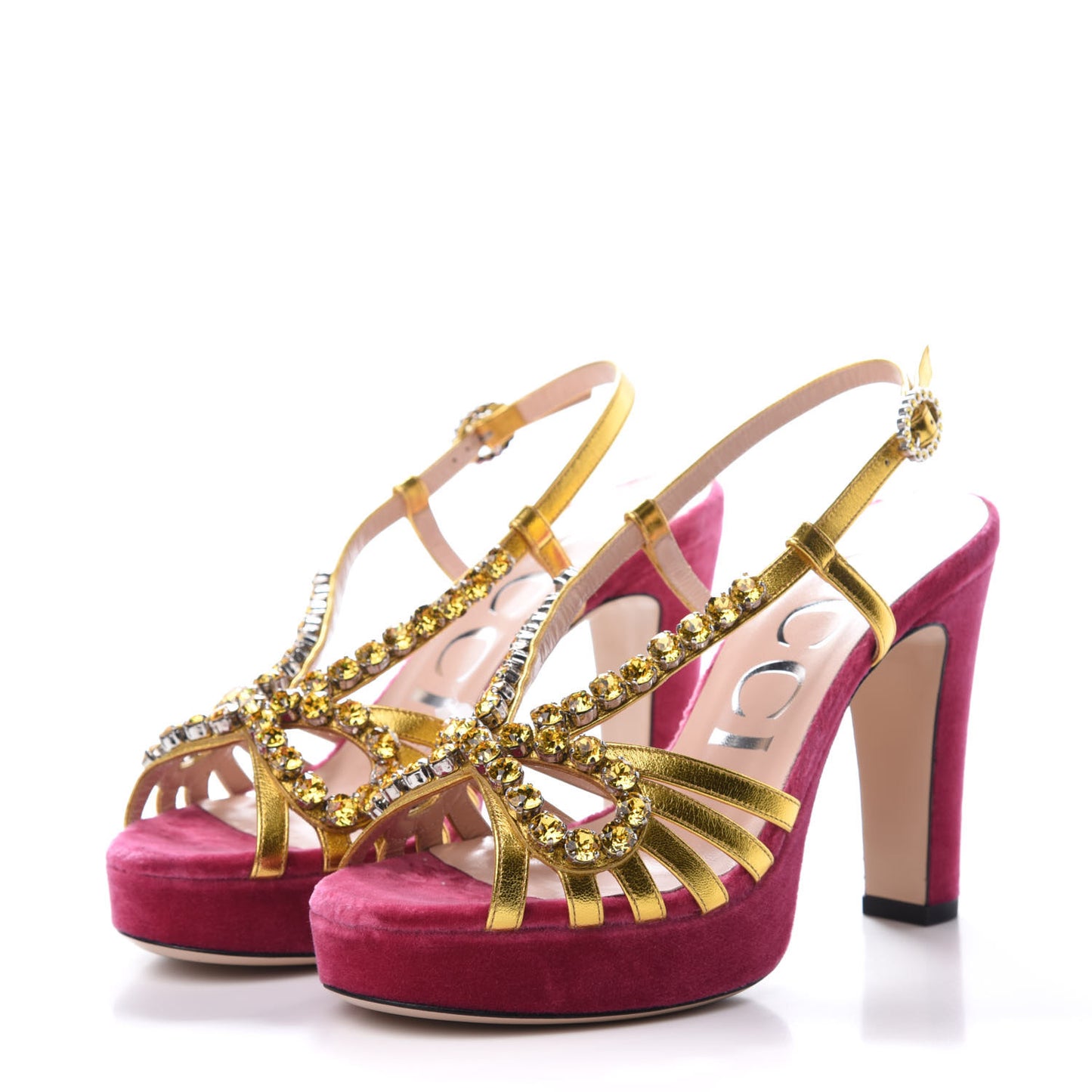 Velvet Nappa Crystal Zephyra Slingback Platform High Heel Sandals 36.5 Pink Gold
