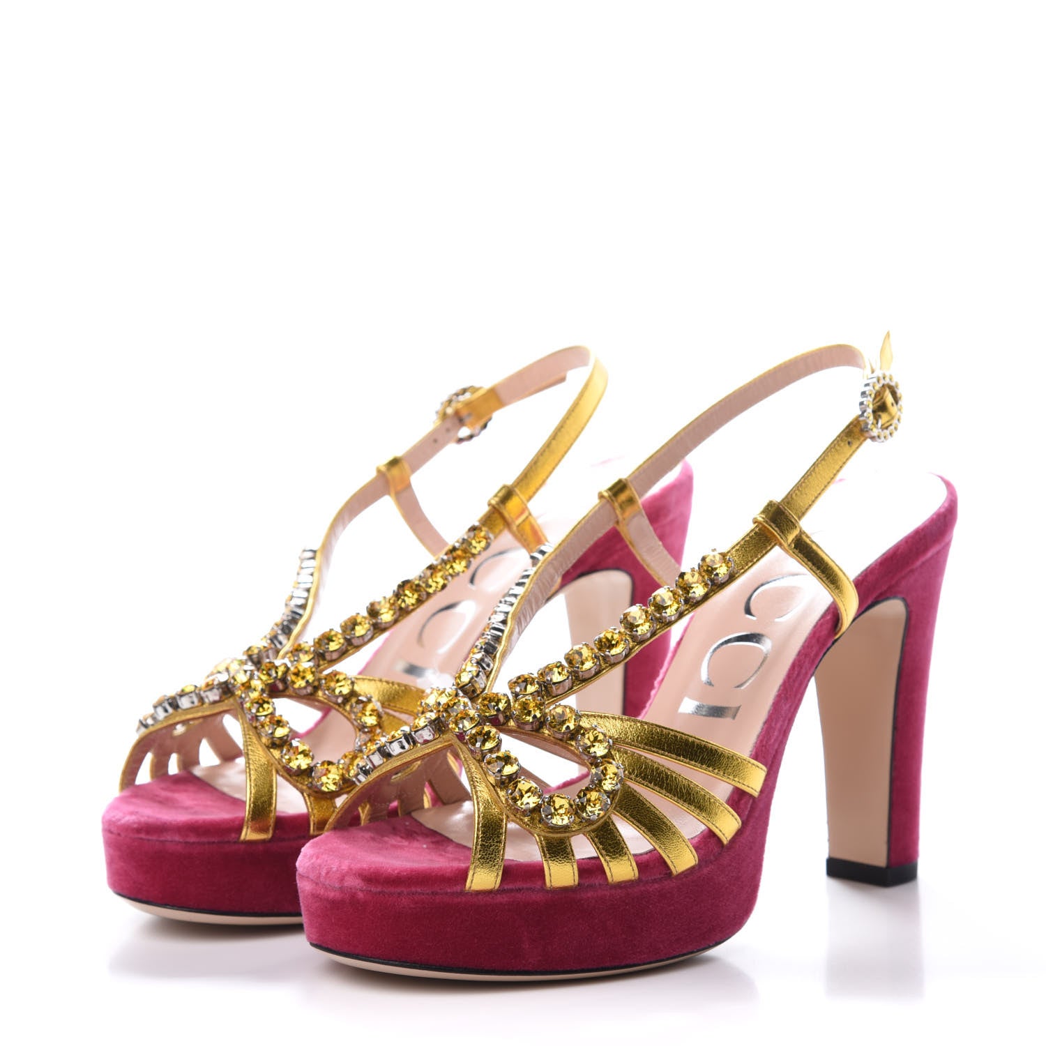 Gucci Velvet Nappa Crystal Zephyra Slingback Platform High Heel Sandals 36.5 Pink Gold 3 of 9