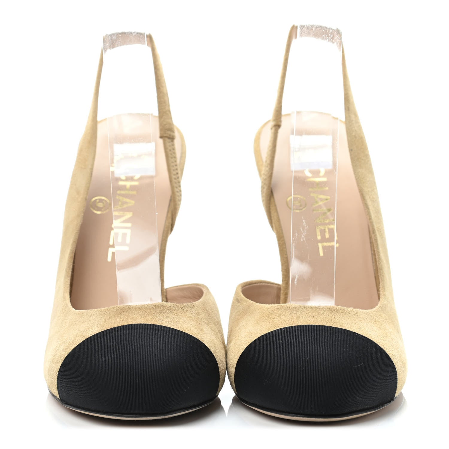 Chanel Kid Suede Grosgrain Cap Toe Pearl Slingback Pumps 36.5 Beige Black 2 of 4
