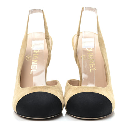 Chanel Kid Suede Grosgrain Cap Toe Pearl Slingback Pumps 36.5 Beige Black 2 of 4
