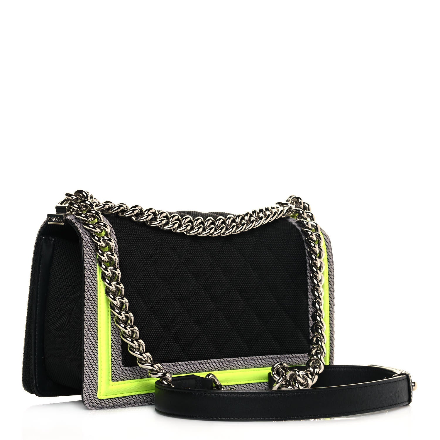 Chanel Canvas Quilted Medium Fluo Boy Flap Black Grey Yellow 3 of 12
