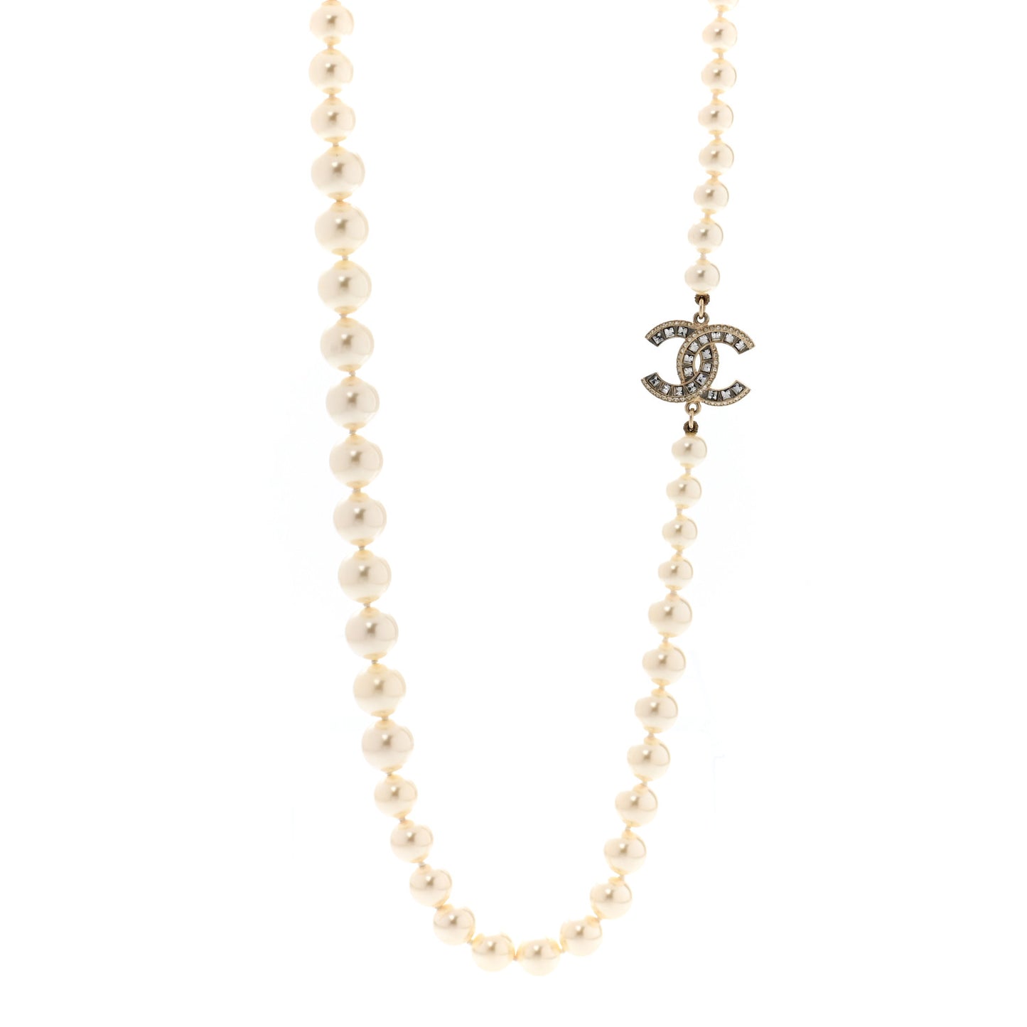 Pearl Baguette Crystal CC Long Necklace Gold