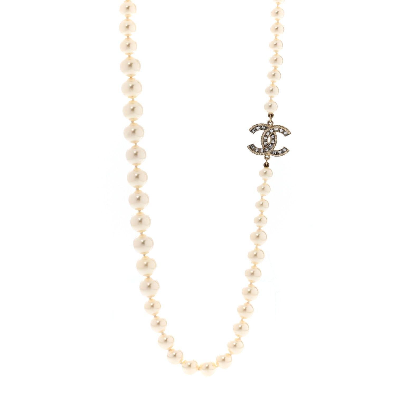 Chanel Pearl Baguette Crystal CC Long Necklace Gold 1 of 5