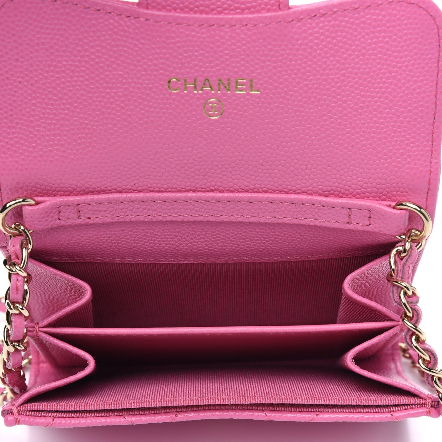 Caviar Quilted Flap Card Holder On Chain Pink