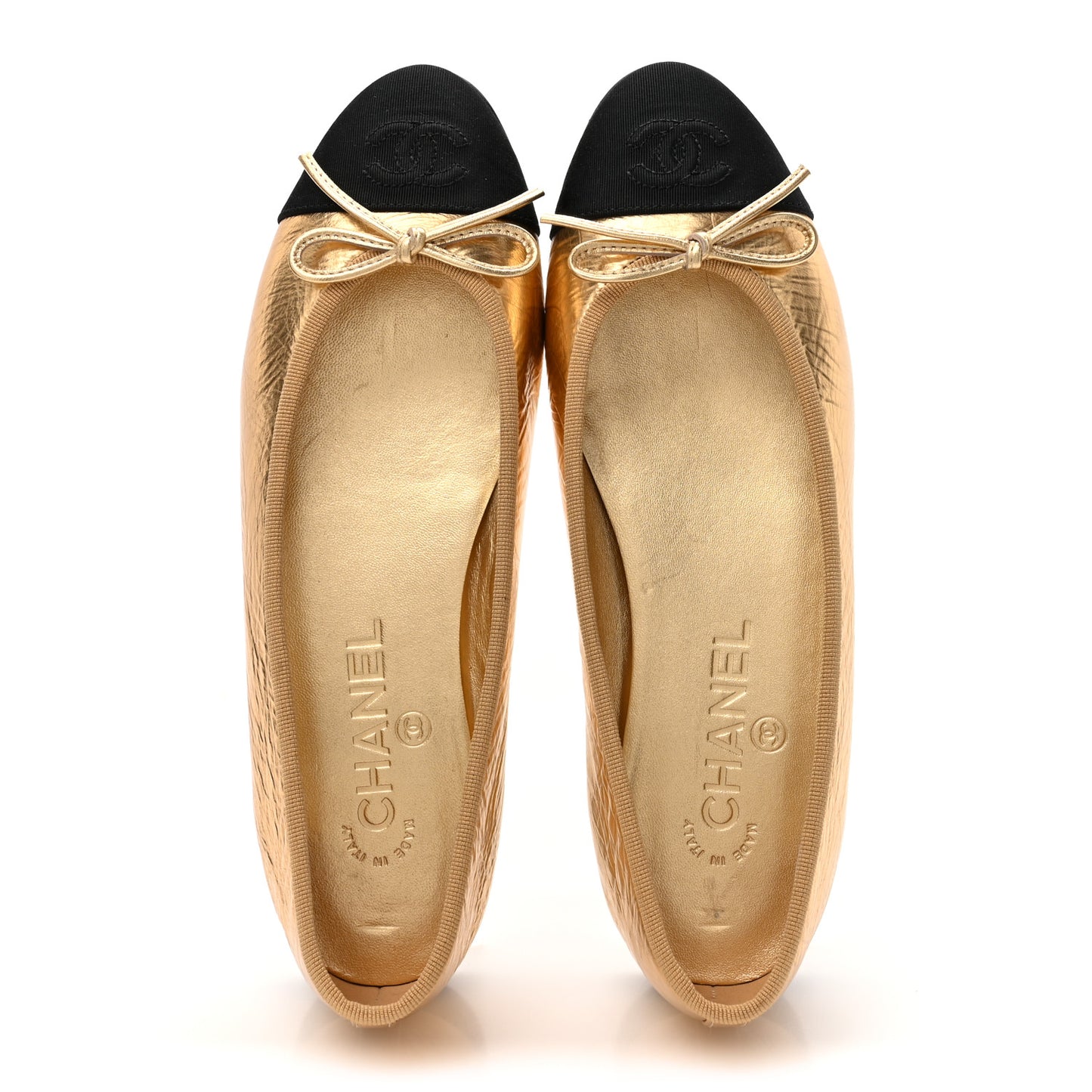 Metallic Calfskin Grosgrain Cap Toe CC Ballerina Flats 37.5 Gold