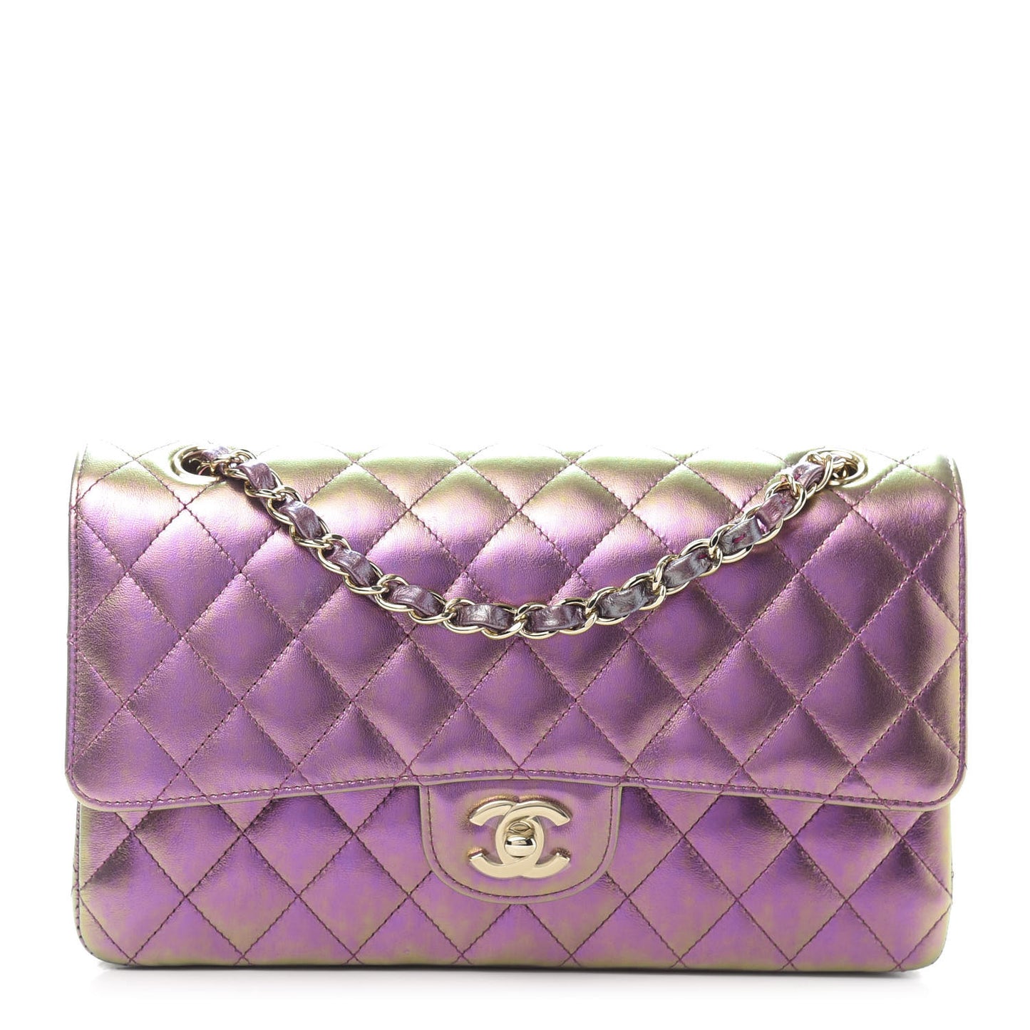 Iridescent Lambskin Quilted Medium Double Flap Purple