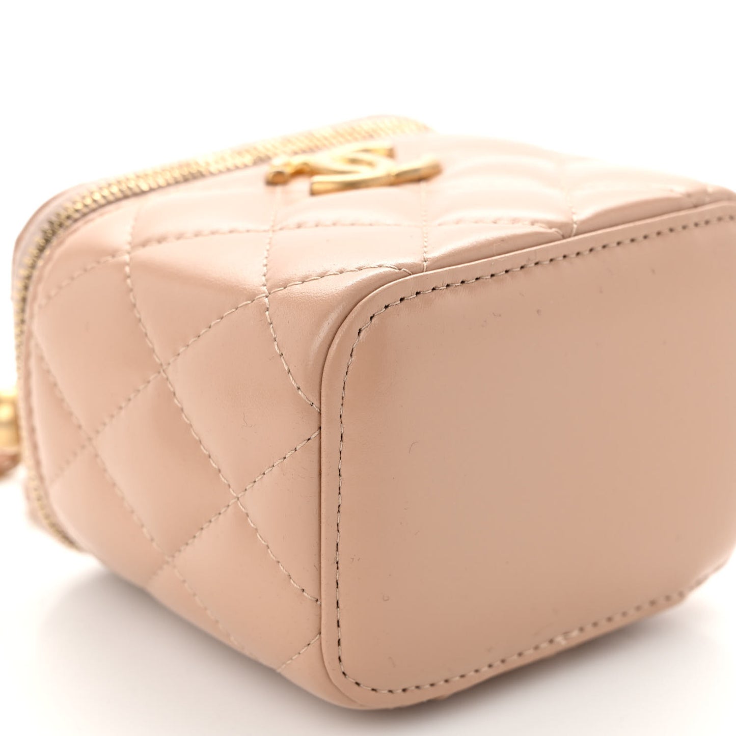 Calfskin Quilted Mini Perfect Fit Vanity Case With Chain Beige